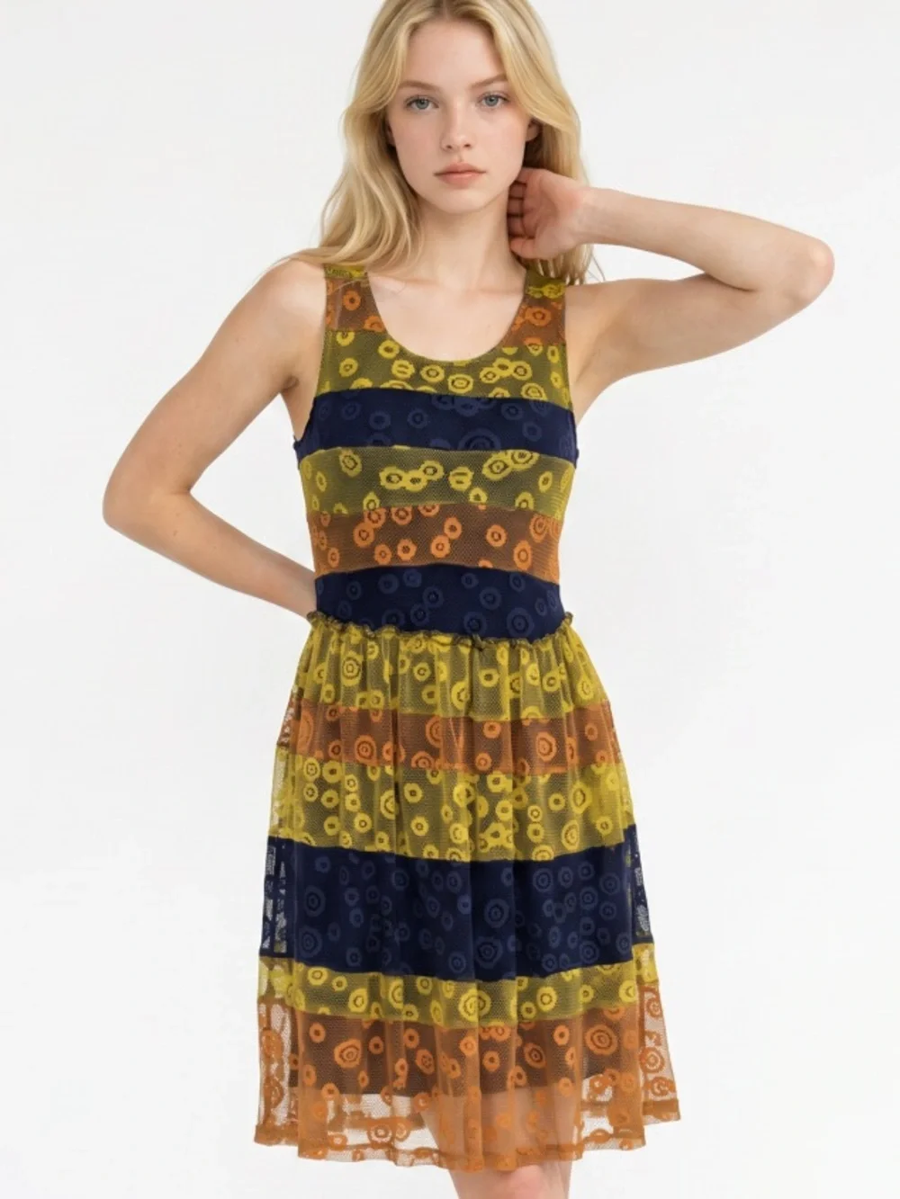 MYSTREE Dress NWT Mesh Lace Sundress Sleeveless Yellow Orange Striped Small